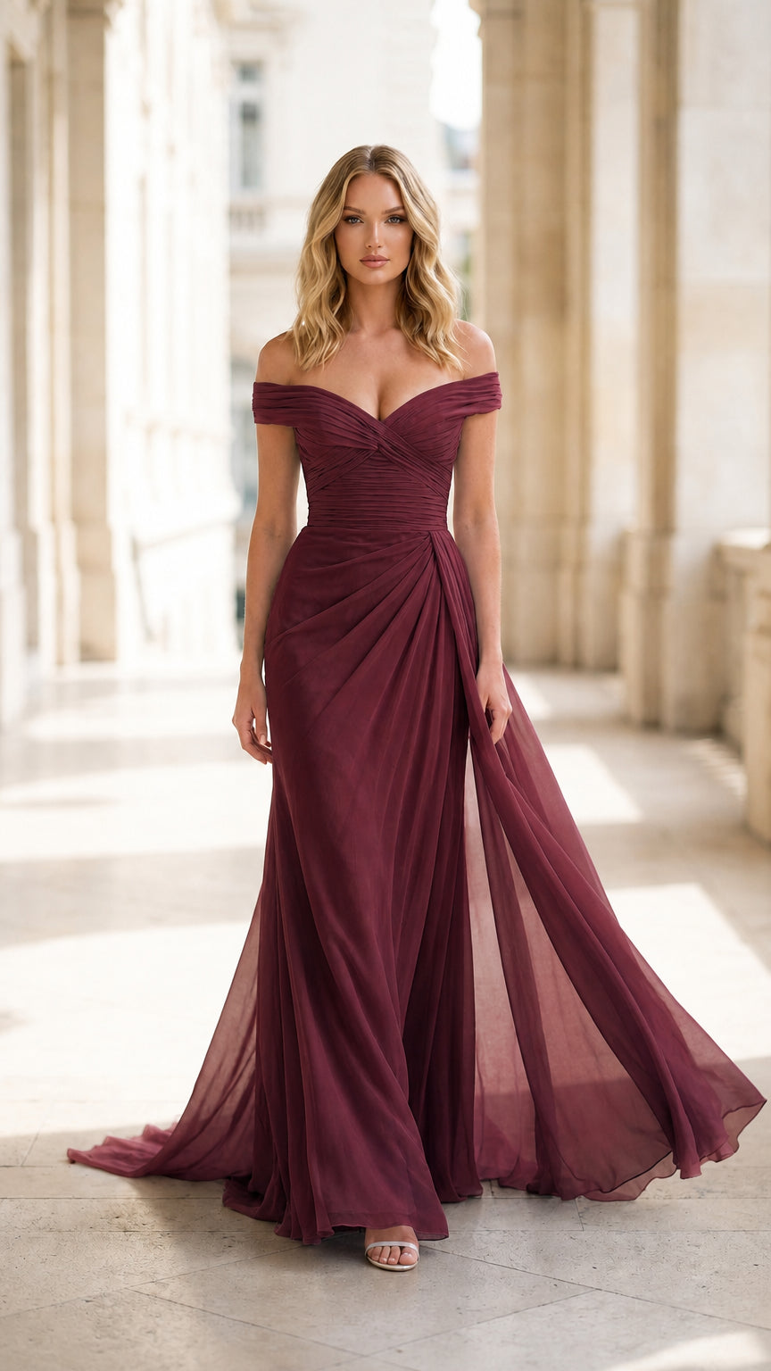 Front view of burgundy off-the-shoulder evening gown