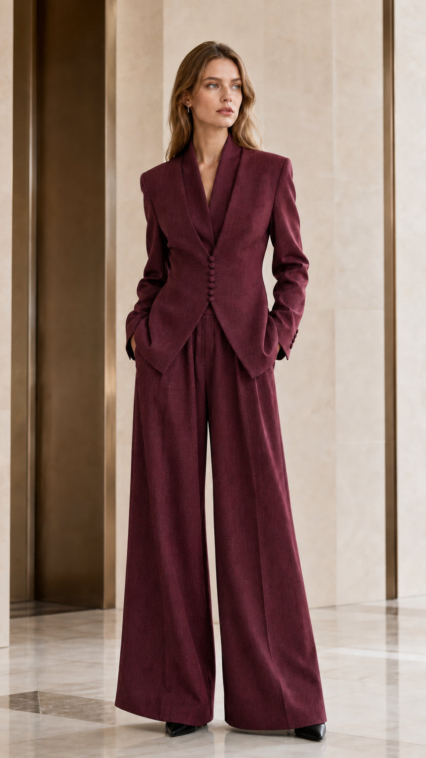 Full length view of women's rich burgundy wine 2-piece tailored pant suit set