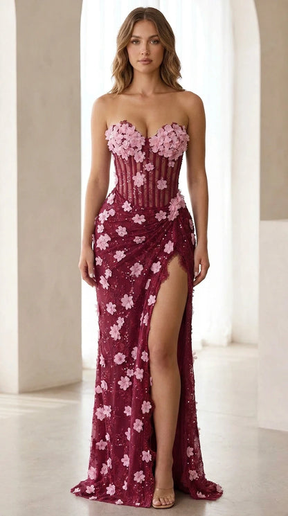 Front view of burgundy 3D floral strapless maxi dress