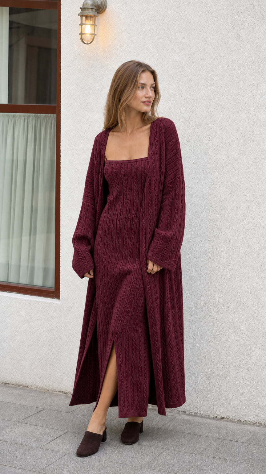 Model wearing Burgundy wine cable knit maxi dress and longline cardigan set