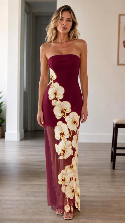 Front view of burgundy strapless 3d floral maxi dress
