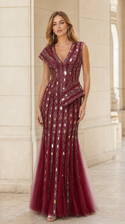 Front view of burgundy red sequined peplum formal gown