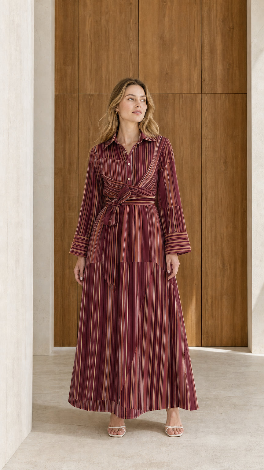 Front view of model wearing burgundy wine striped long sleeve maxi shirt dress