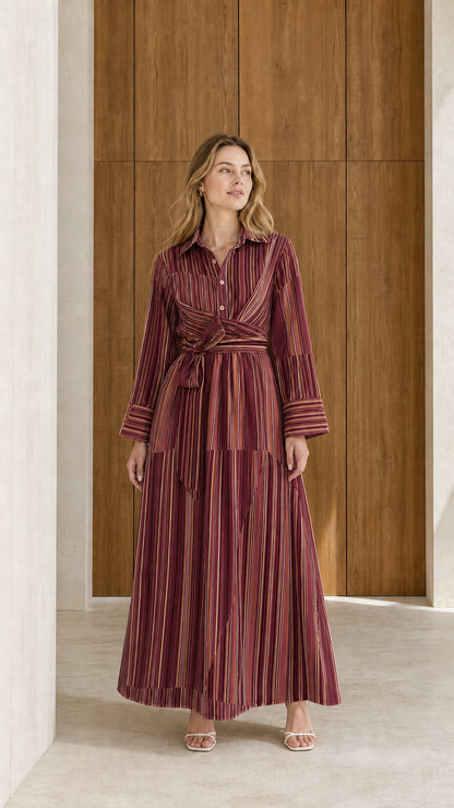 Front view of model wearing burgundy wine striped long sleeve maxi shirt dress