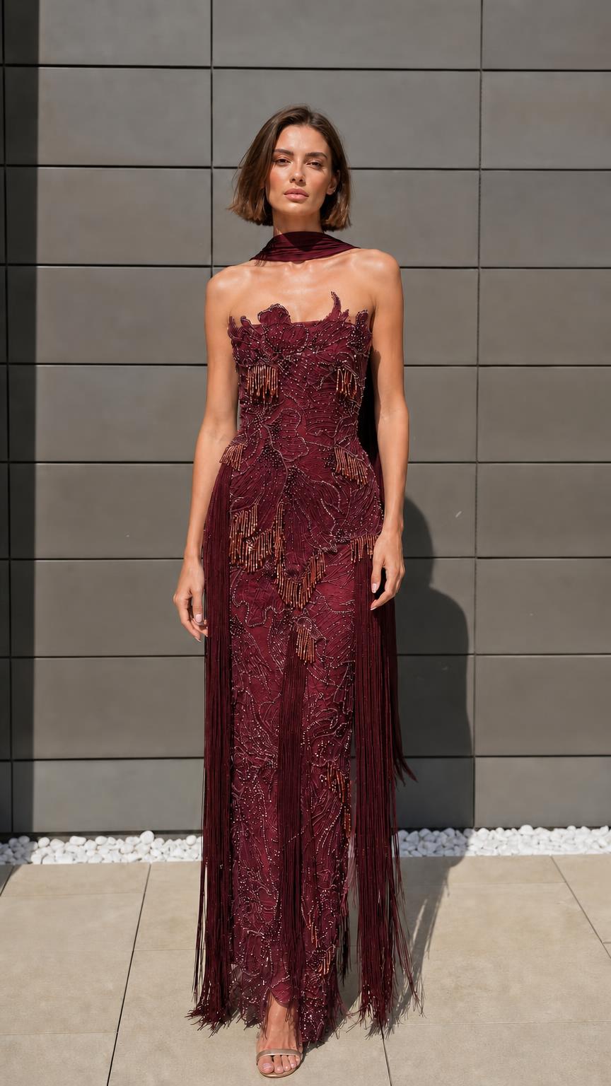Front view of model wearing burgundy color variant