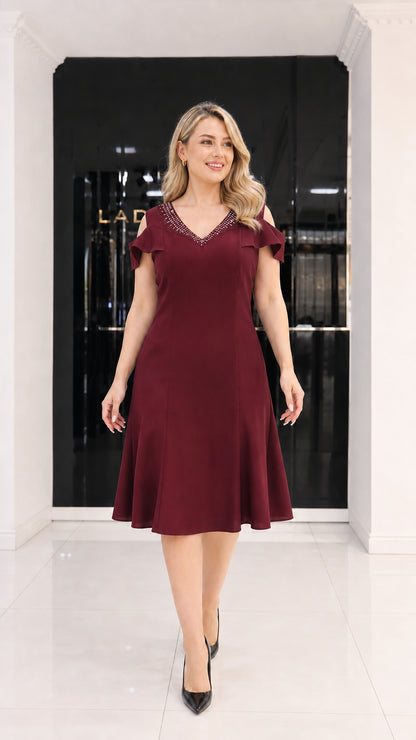 Burgundy red rhinestone V-neck cold-shoulder A-line midi dress front view