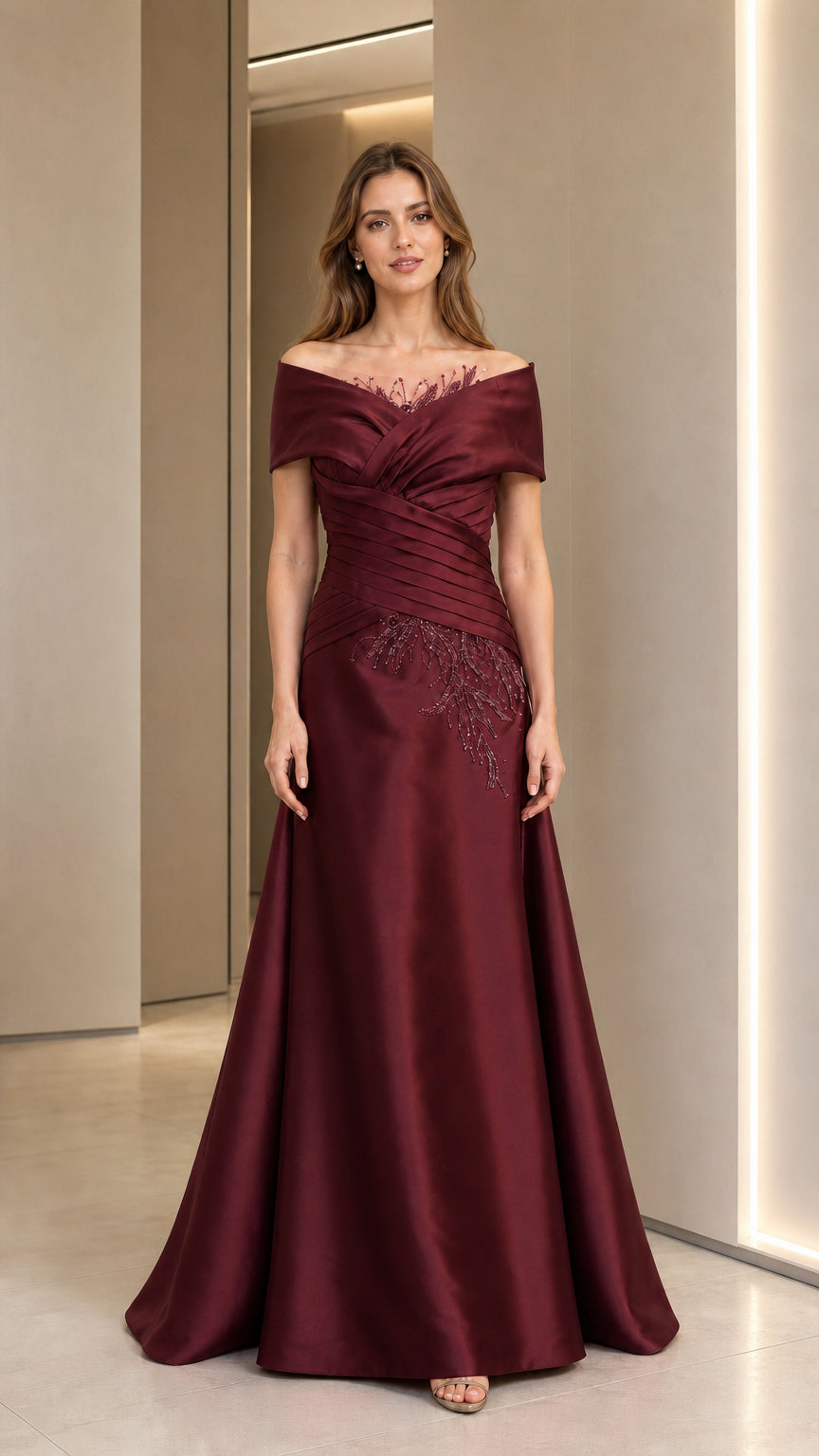 Front view of burgundy off-shoulder evening gown
