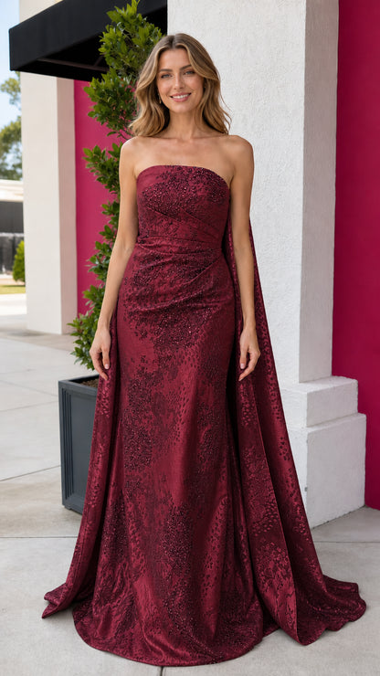 Burgundy strapless evening dress with cape