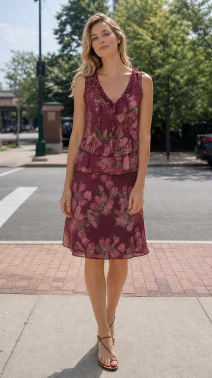 Front view of woman wearing Burgundy floral tiered dress