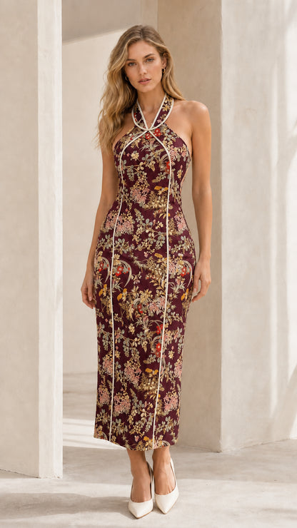 Model wearing burgundy floral print midi dress