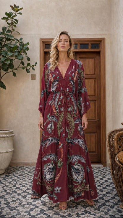 Model wearing burgundy boho floral maxi dress
