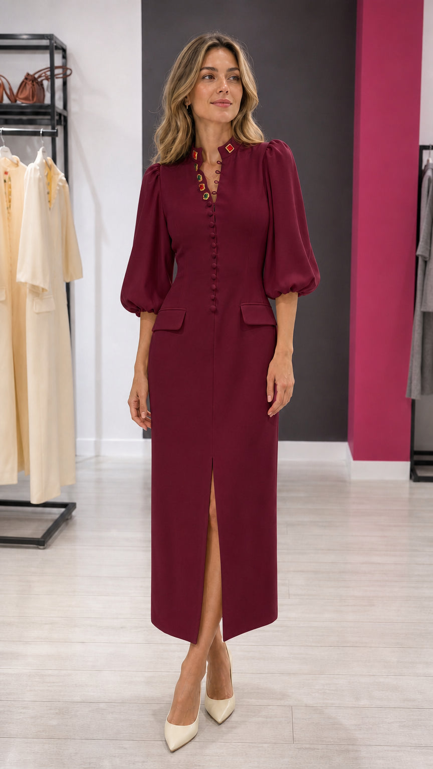 Elegance Gem-Button Midi Dress in Burgundy