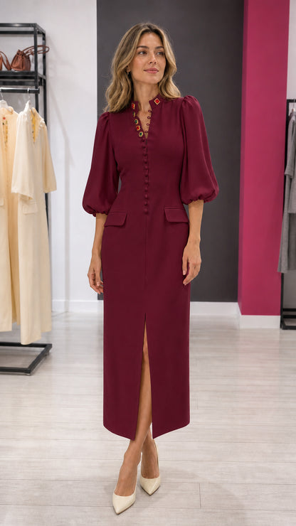 Elegance Gem-Button Midi Dress in Burgundy