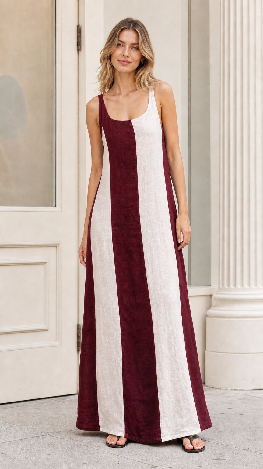 Front view of model wearing burgundy color-blocked maxi dress