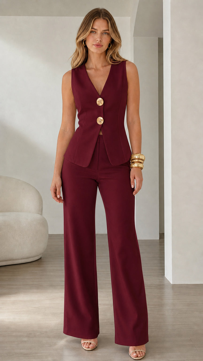 Model wearing burgundy vest and wide-leg pants set