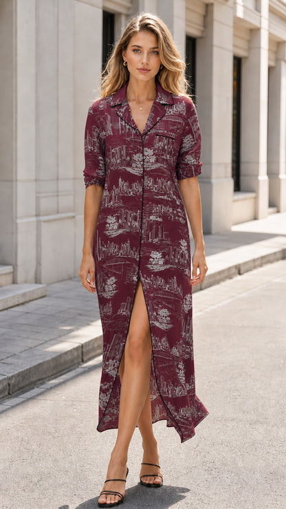 Front view of woman wearing burgundy cityscape print shirt maxi dress