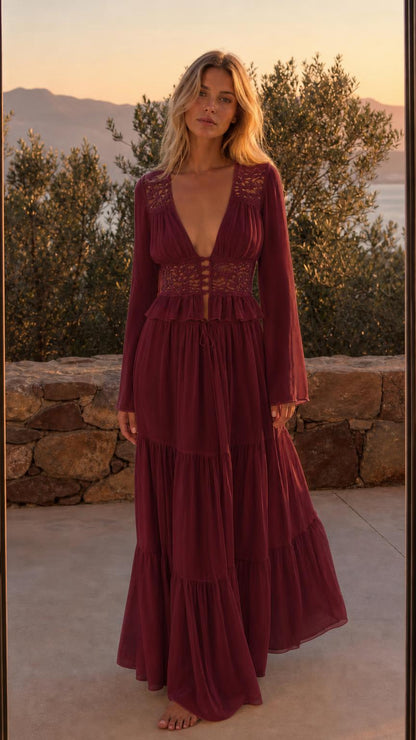 Front view of Burgundy boho lace trim long sleeve maxi dress