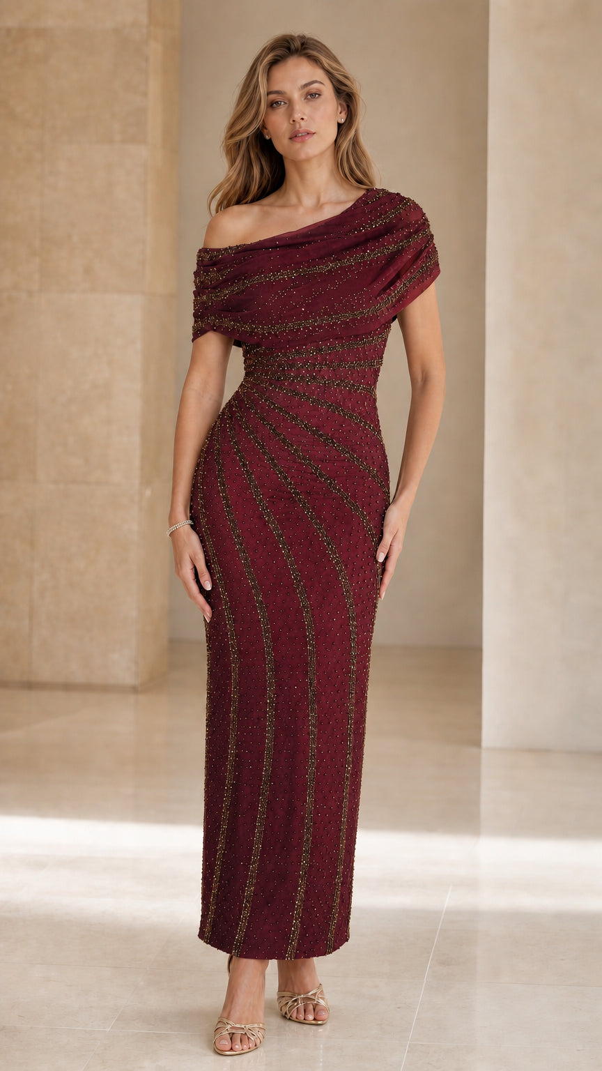 Model wearing Burgundy wine off-the-shoulder beaded maxi dress