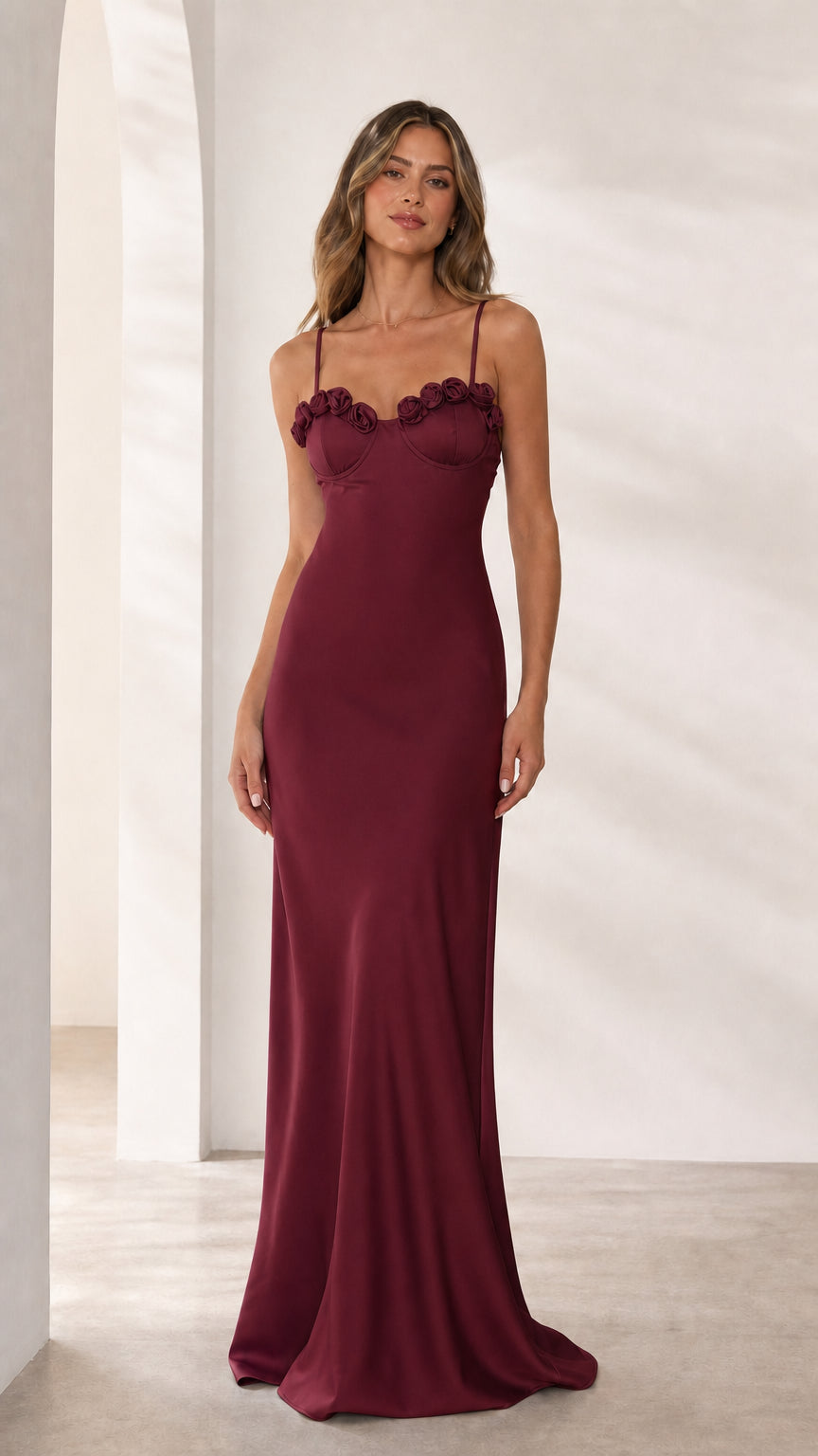 Front view of burgundy satin formal dress