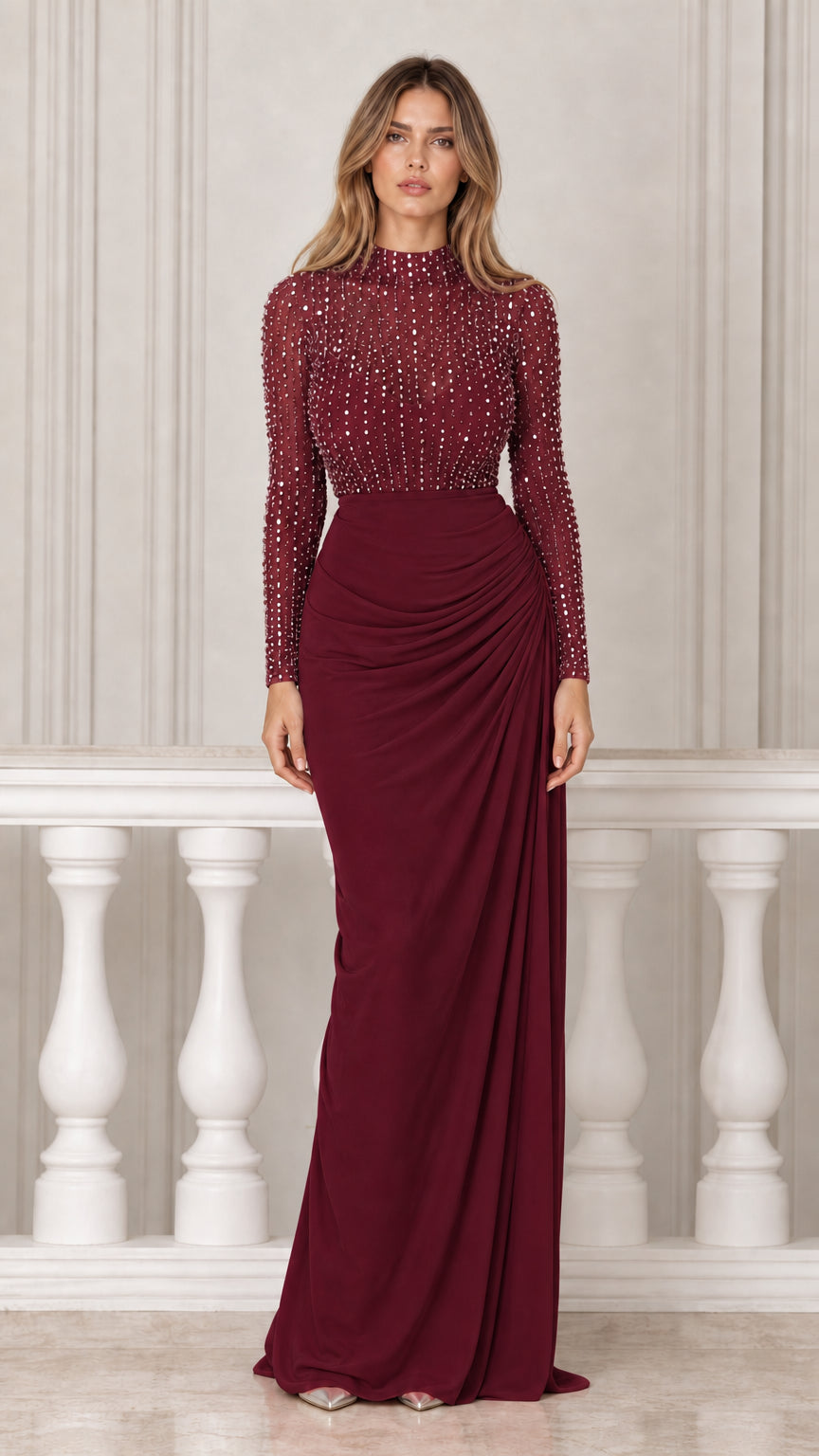 Burgundy variant of the embellished high neck maxi dress