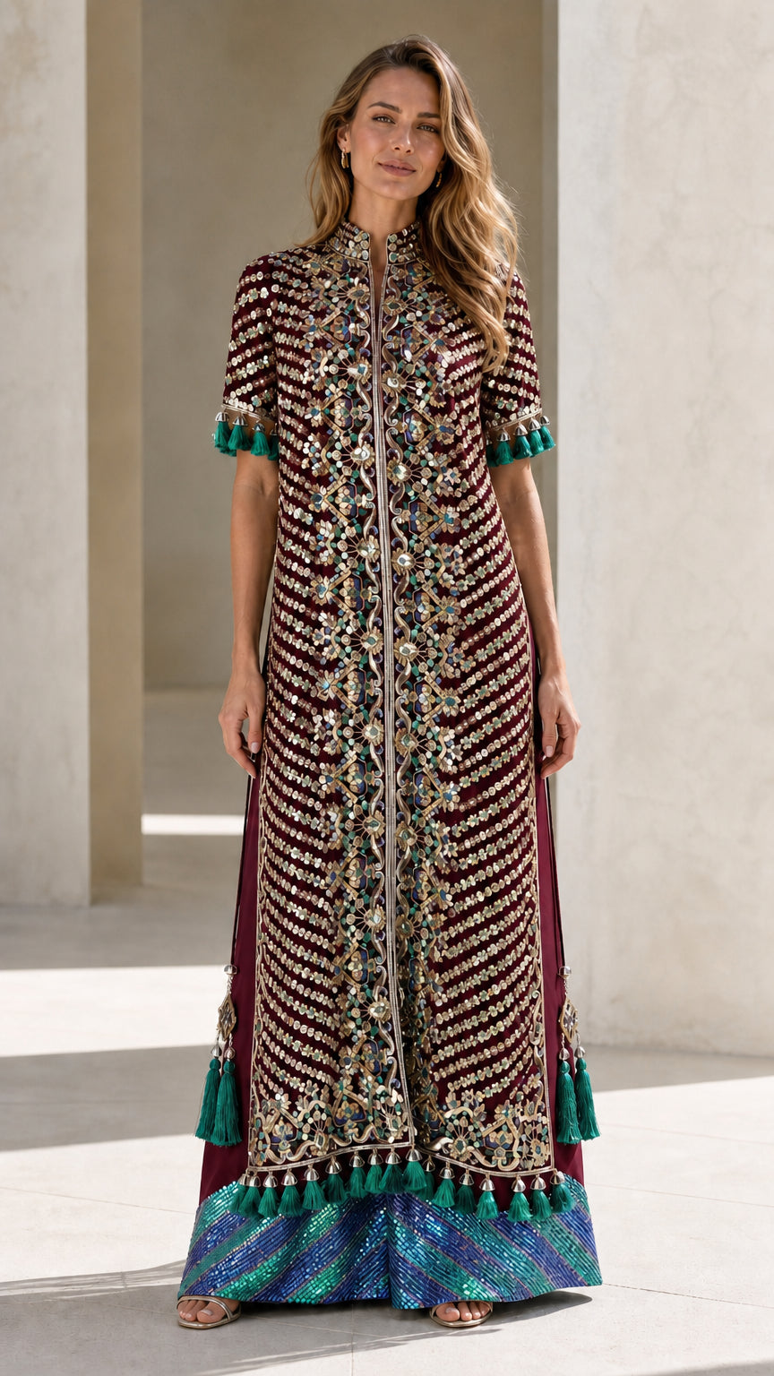 Burgundy wine red sequined formal maxi dress front view