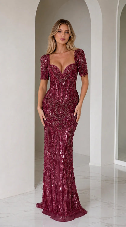 Burgundy wine embellished beaded mermaid evening gown