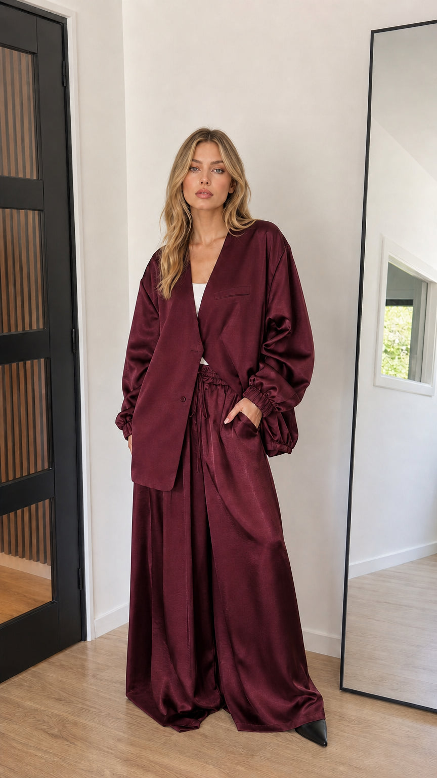Burgundy wine satin matching jacket and wide-leg pant set