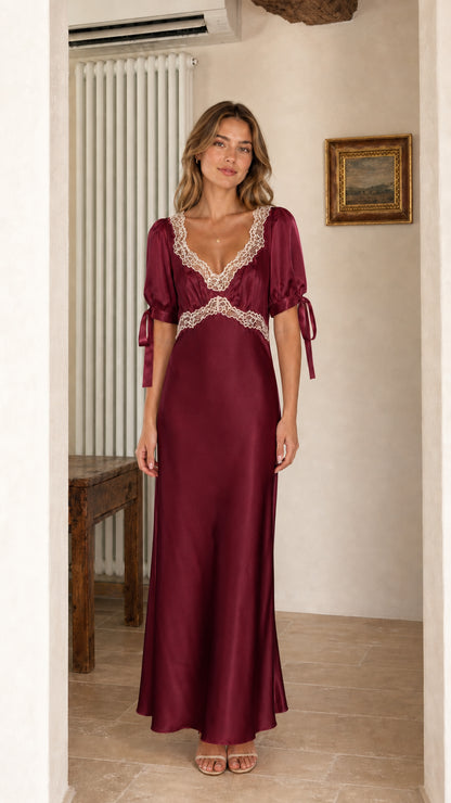 Front view of model wearing Burgundy satin lace trim maxi dress