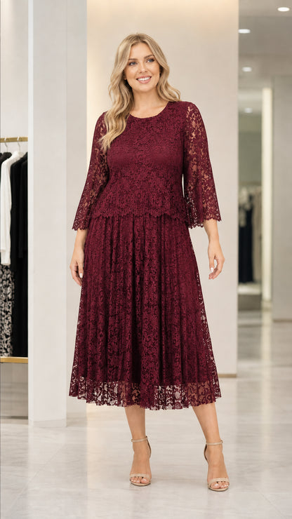Front view of woman wearing burgundy lace midi dress