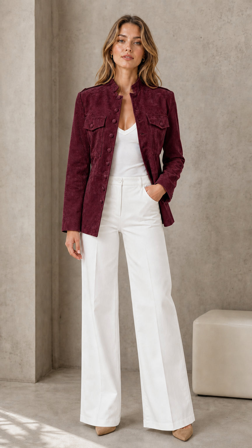 Woman wearing burgundy faux suede utility jacket