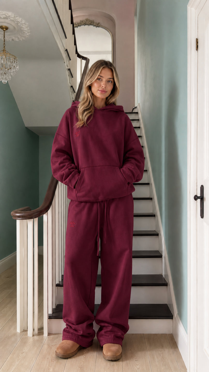 Women's deep burgundy fleece tracksuit set with hoodie and sweatpants