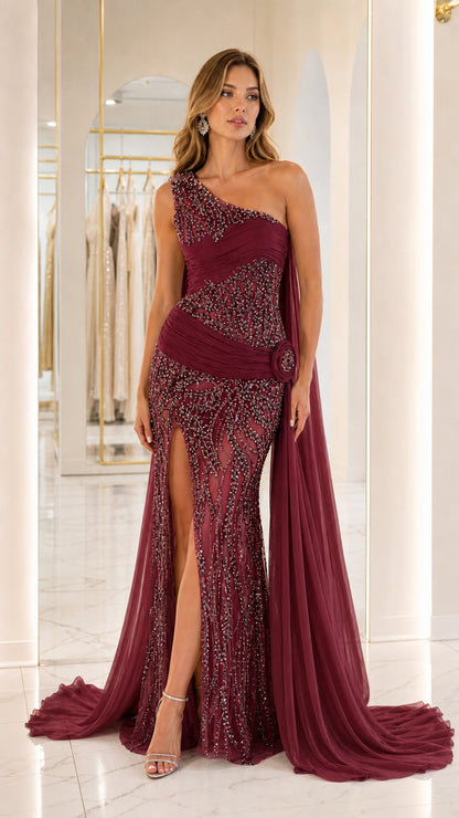 Front view of burgundy one-shoulder evening gown