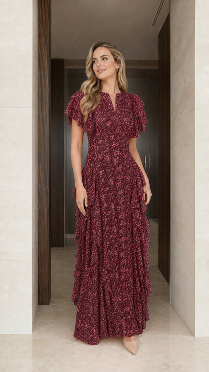 Model wearing burgundy floral ruffle maxi dress