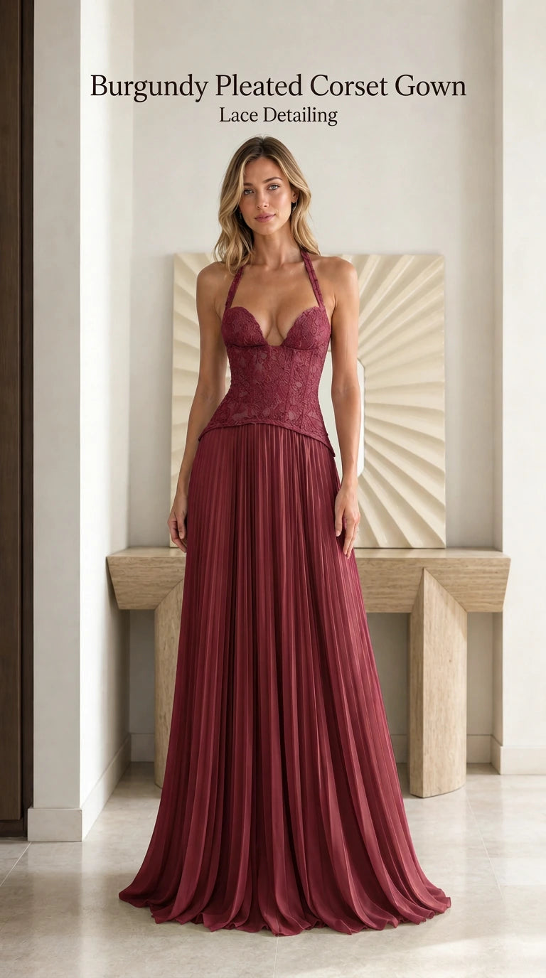 Front view of model wearing burgundy wine halter lace corset pleated gown