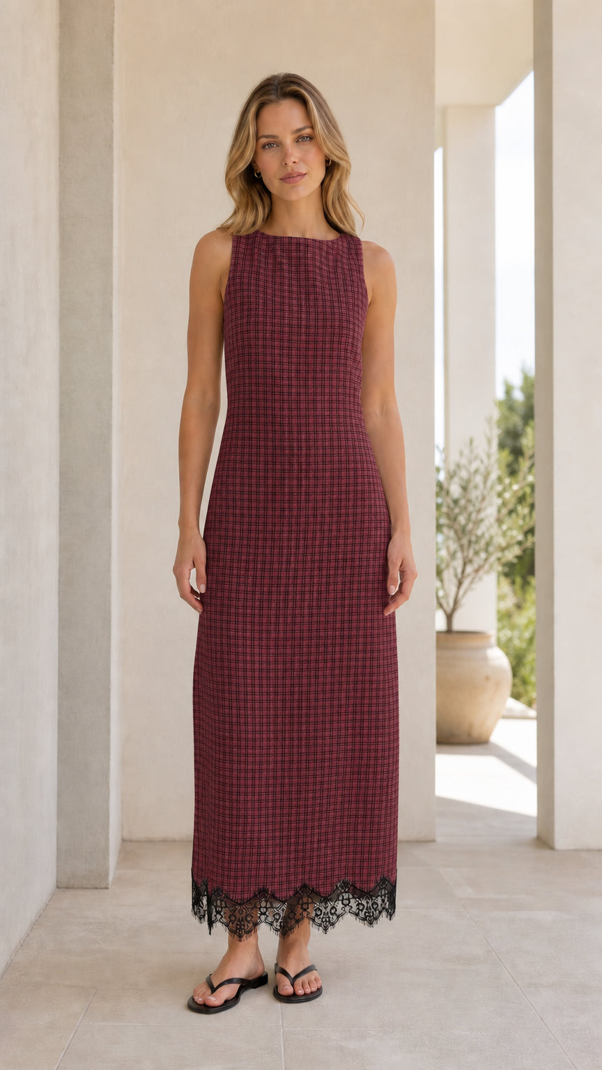 Front view of model wearing burgundy gingham midi dress