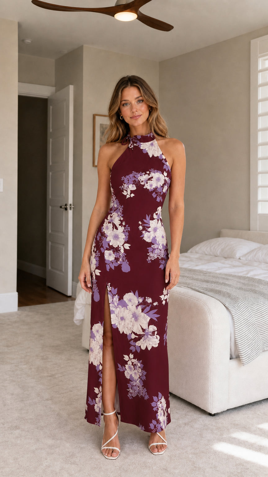 Burgundy floral halter neck maxi dress with side slit