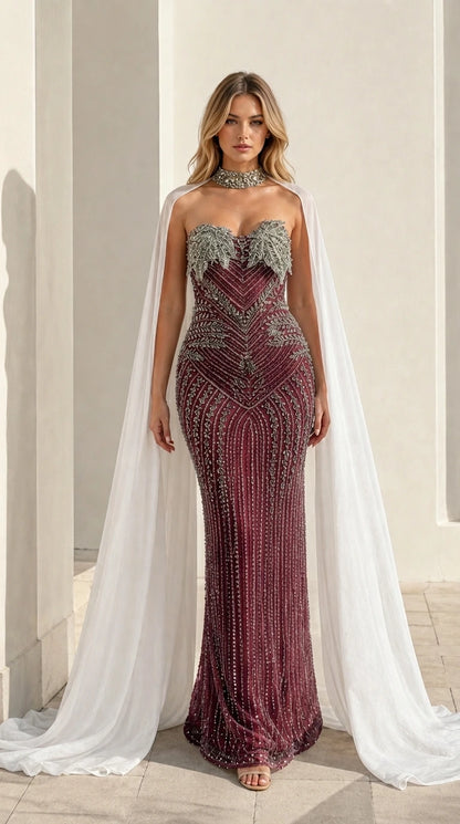 Front view of burgundy color variant with crystal beadwork