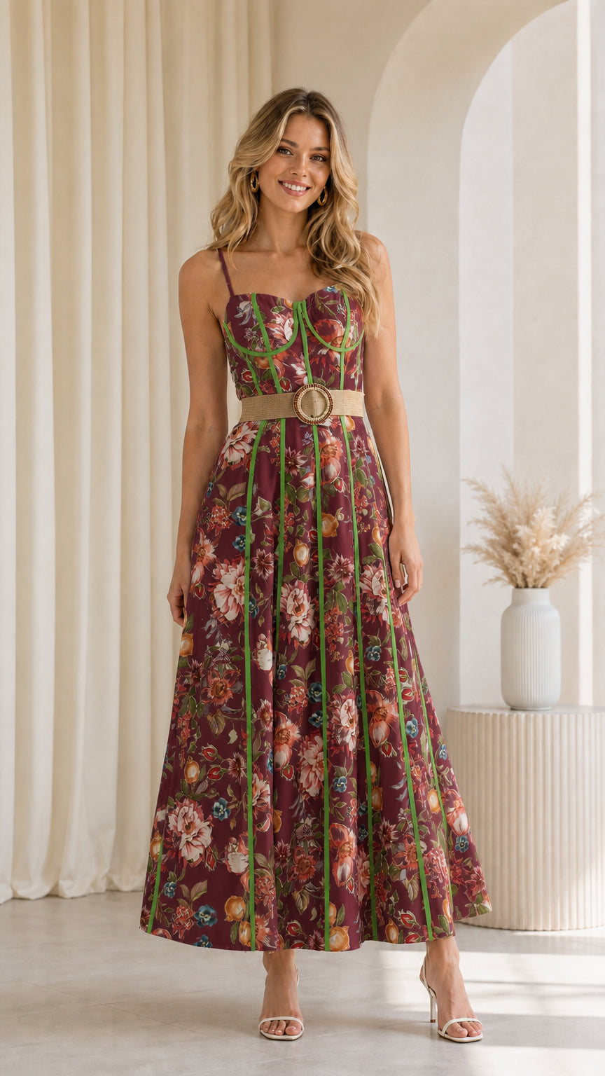 Model wearing burgundy floral corset maxi dress