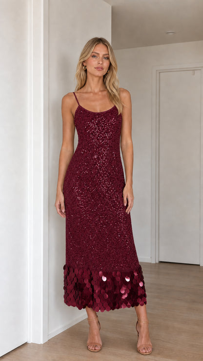 Model wearing burgundy sequin midi dress