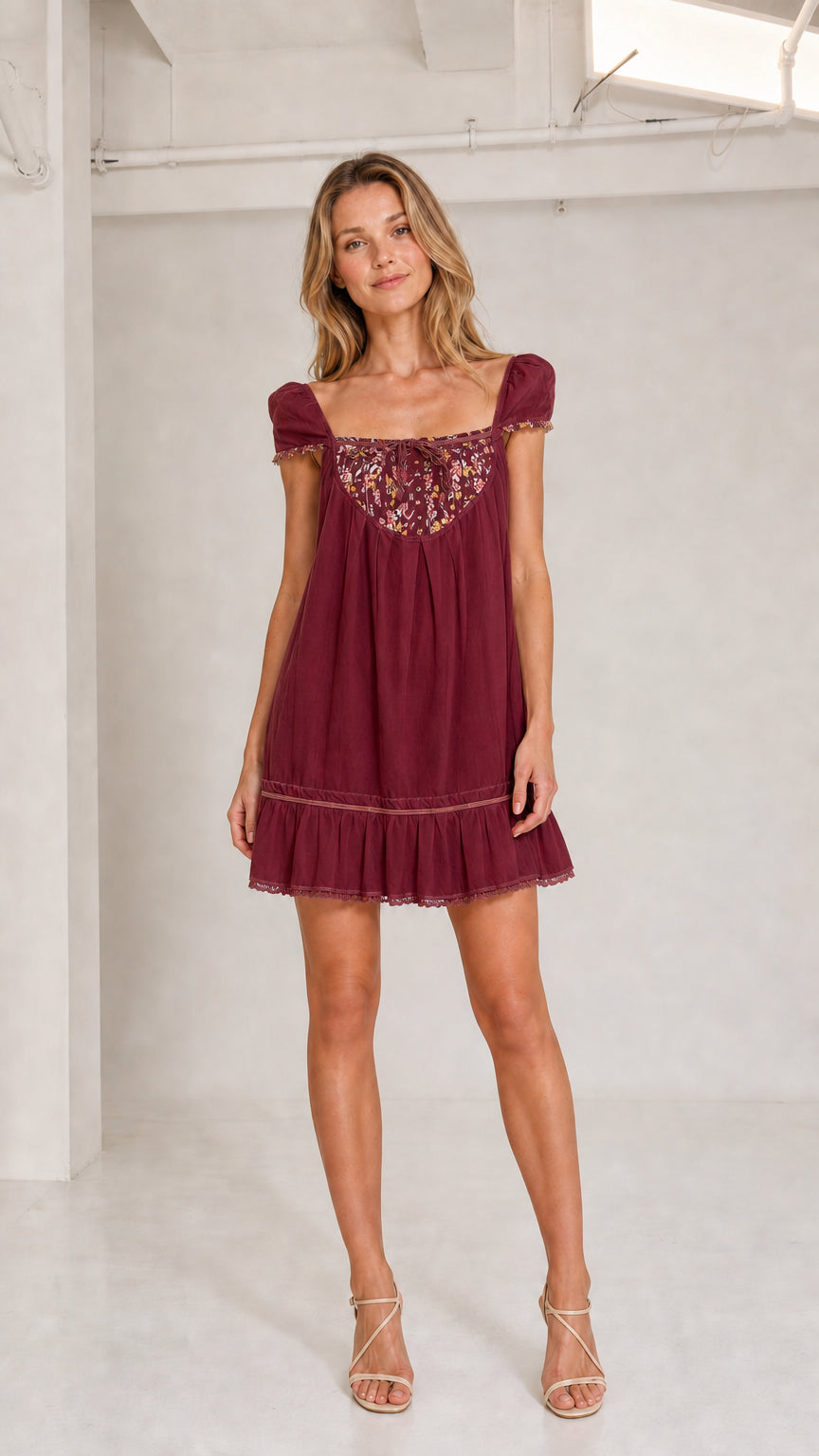 Burgundy wine floral bib babydoll mini dress front view