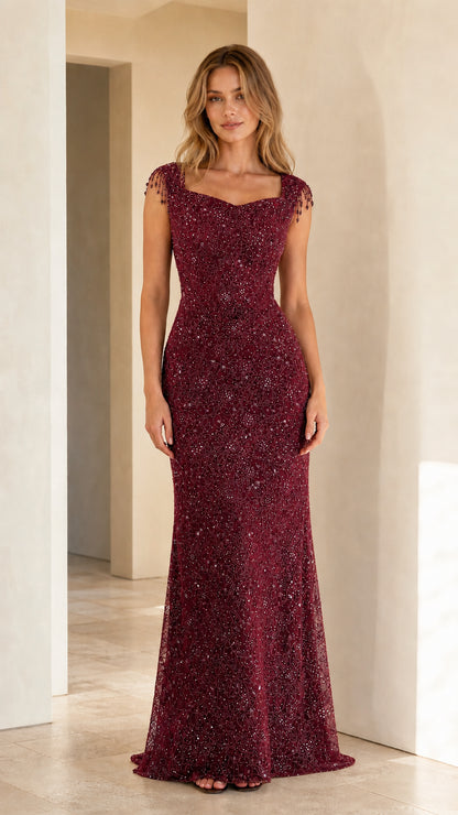 Full-length burgundy wine sequined floor-length formal gown