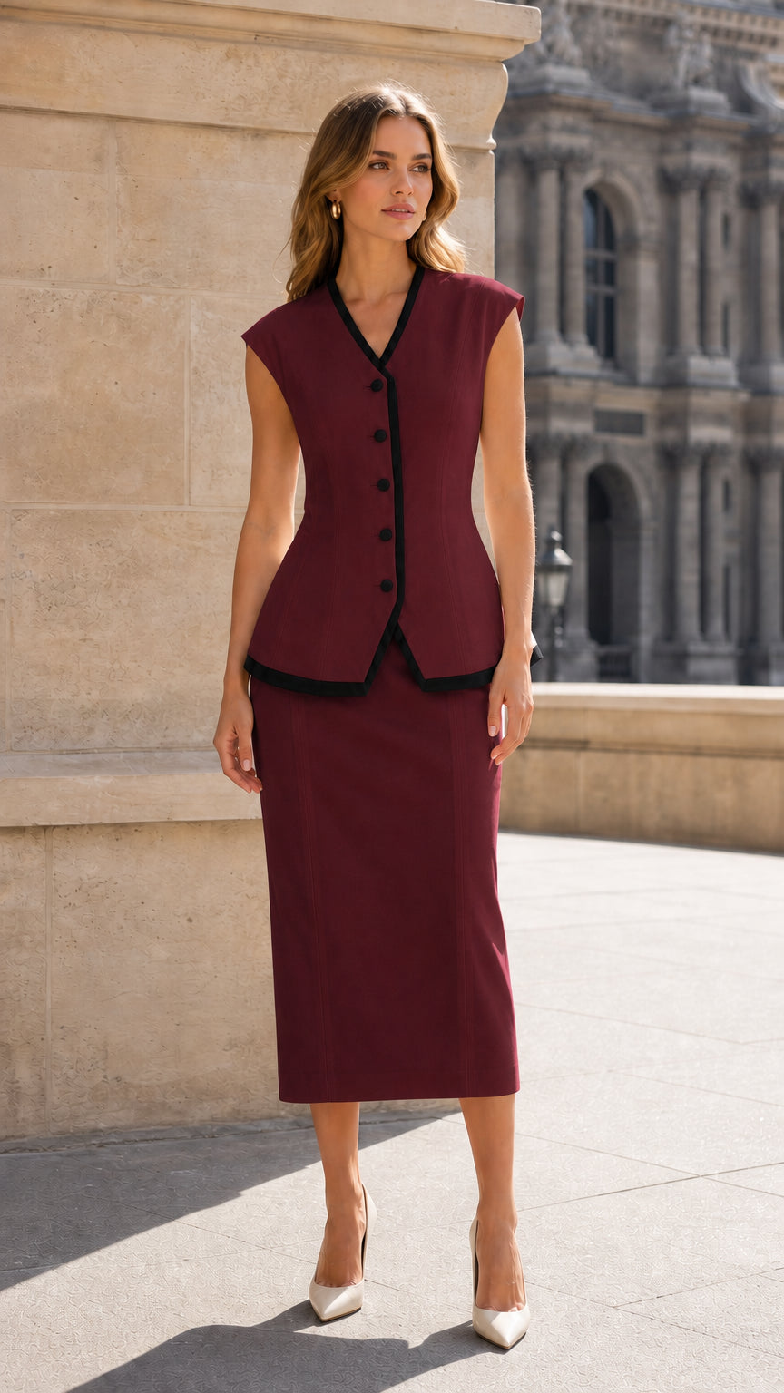 Model wearing burgundy contrast trim vest and midi skirt set