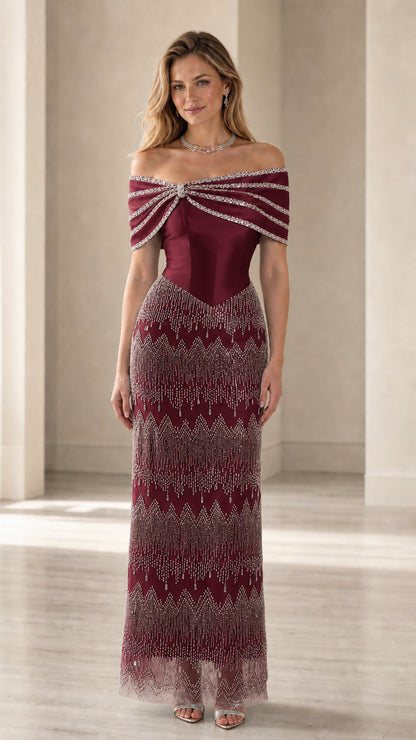 Front view of burgundy wine off-the-shoulder beaded corset gown