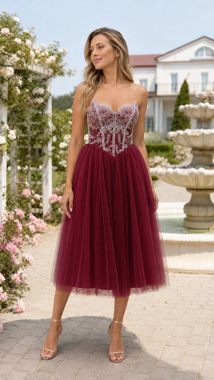 Model wearing burgundy red tulle corset midi dress