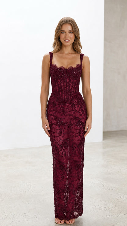 Front view of burgundy lace corset evening maxi dress