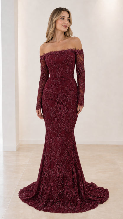 Model wearing Burgundy wine red sequin lace mermaid evening gown