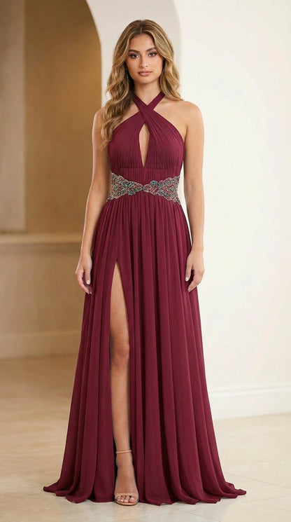 Front view of burgundy halter evening dress