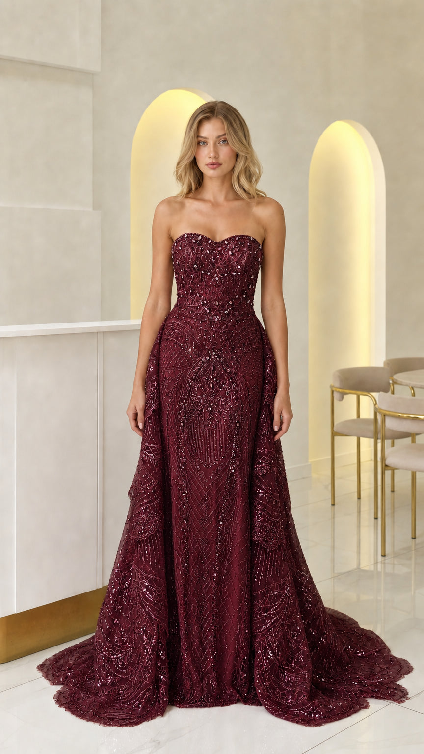 Front view of burgundy strapless sequin evening gown with train