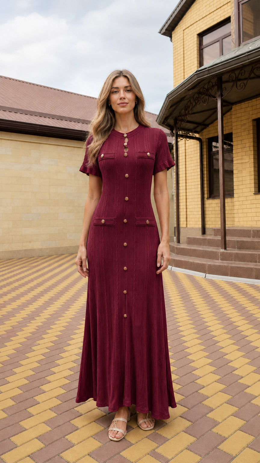 Full-length front view of woman wearing burgundy wine short sleeve cable knit maxi dress
