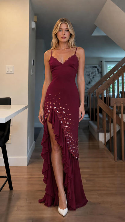 Front view of Burgundy sequin ruffle slip maxi dress